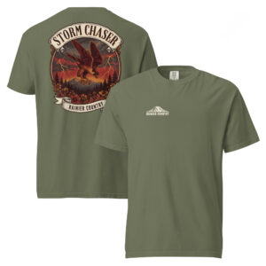 Storm Chaser tee in Moss — front and back — Rainier Country Heritage Series
