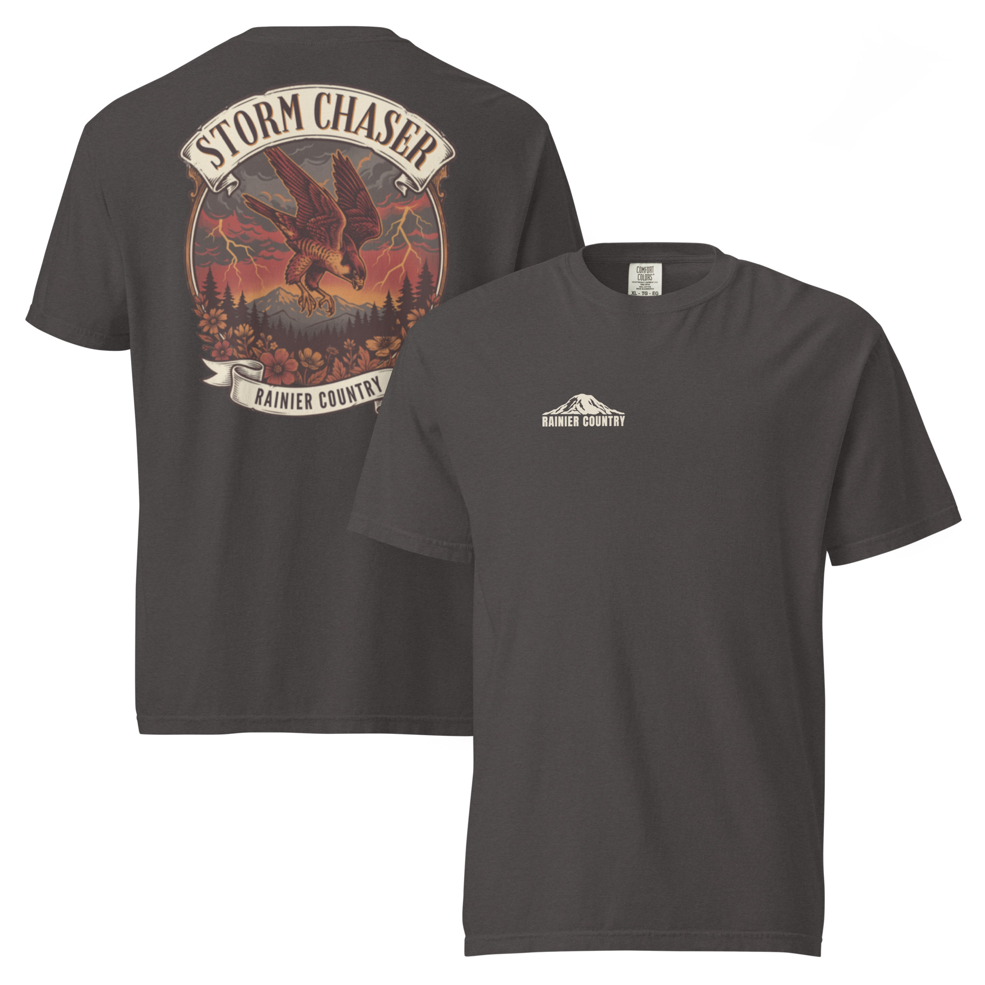Storm Chaser tee in Graphite — front and back — Rainier Country Heritage Series