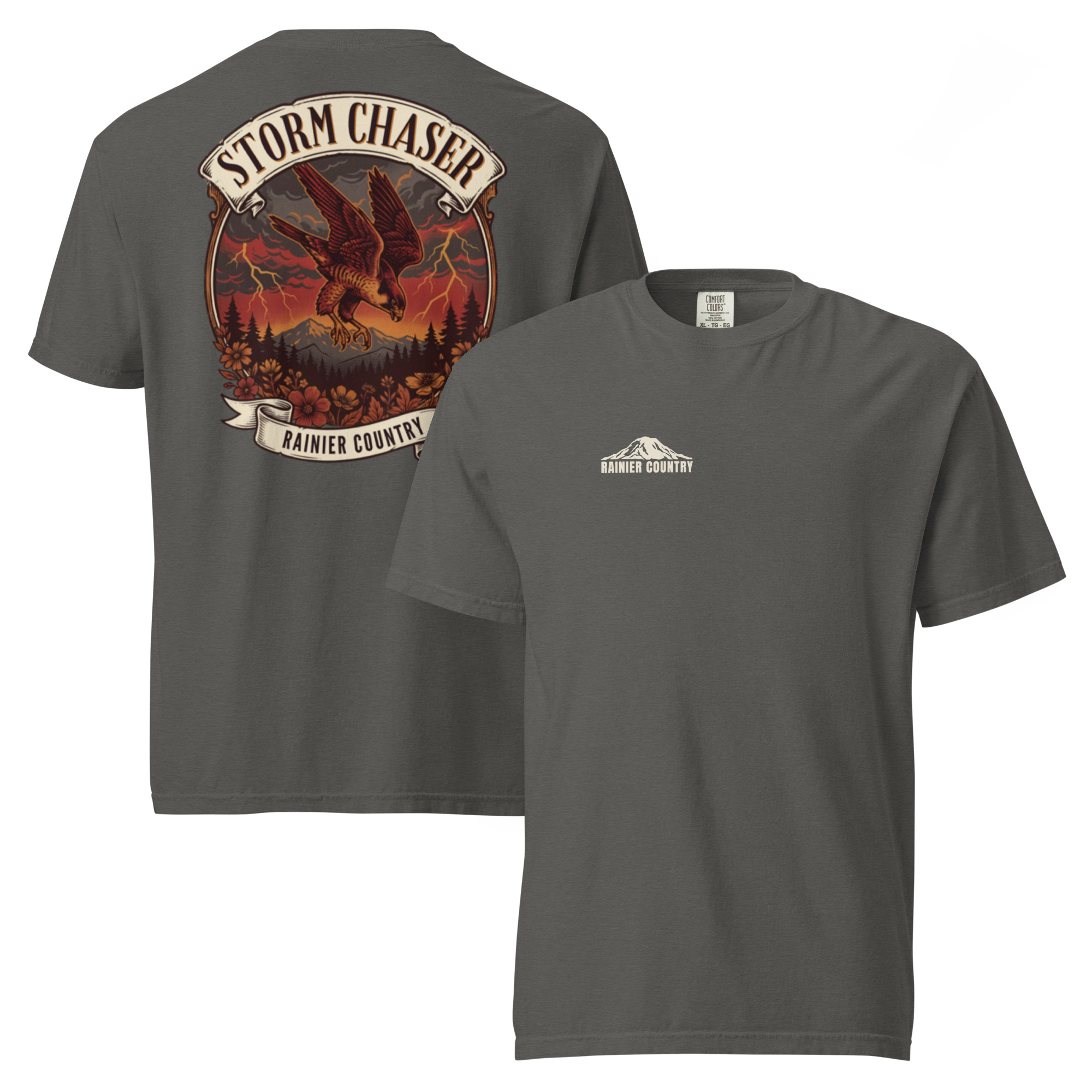 Storm Chaser tee in Pepper — front and back — Rainier Country Heritage Series
