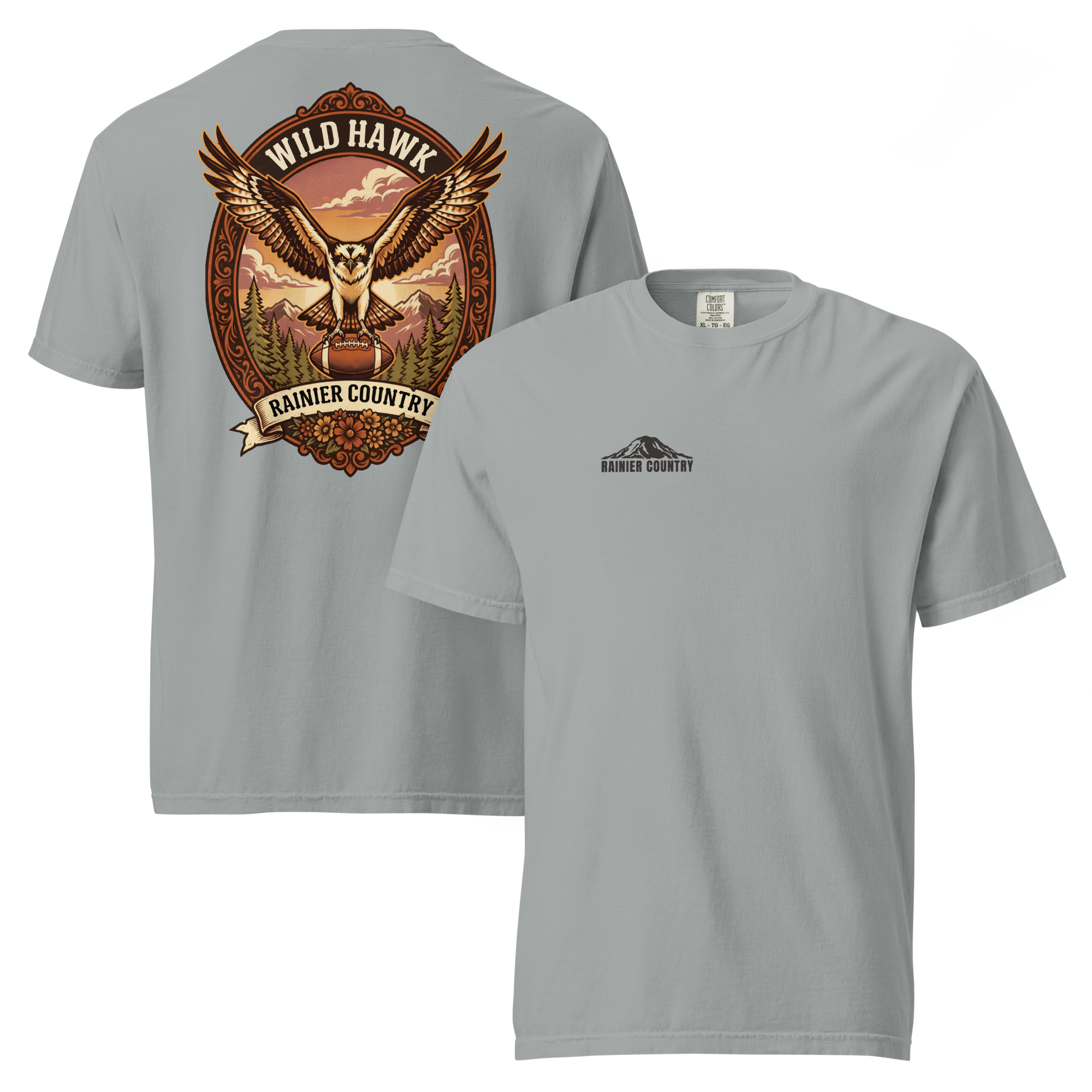Wild Hawk Rainier Country tee in Granite — front and back