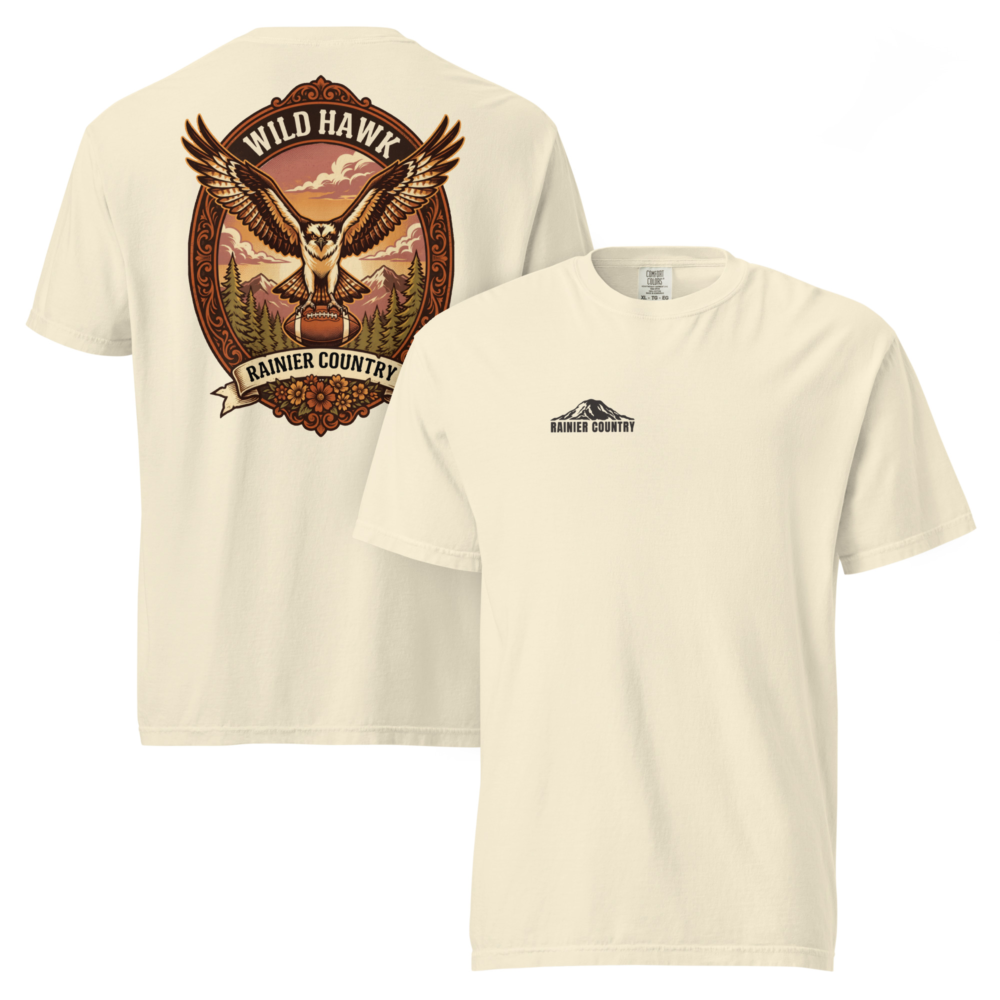 Wild Hawk Rainier Country tee in Ivory — front and back