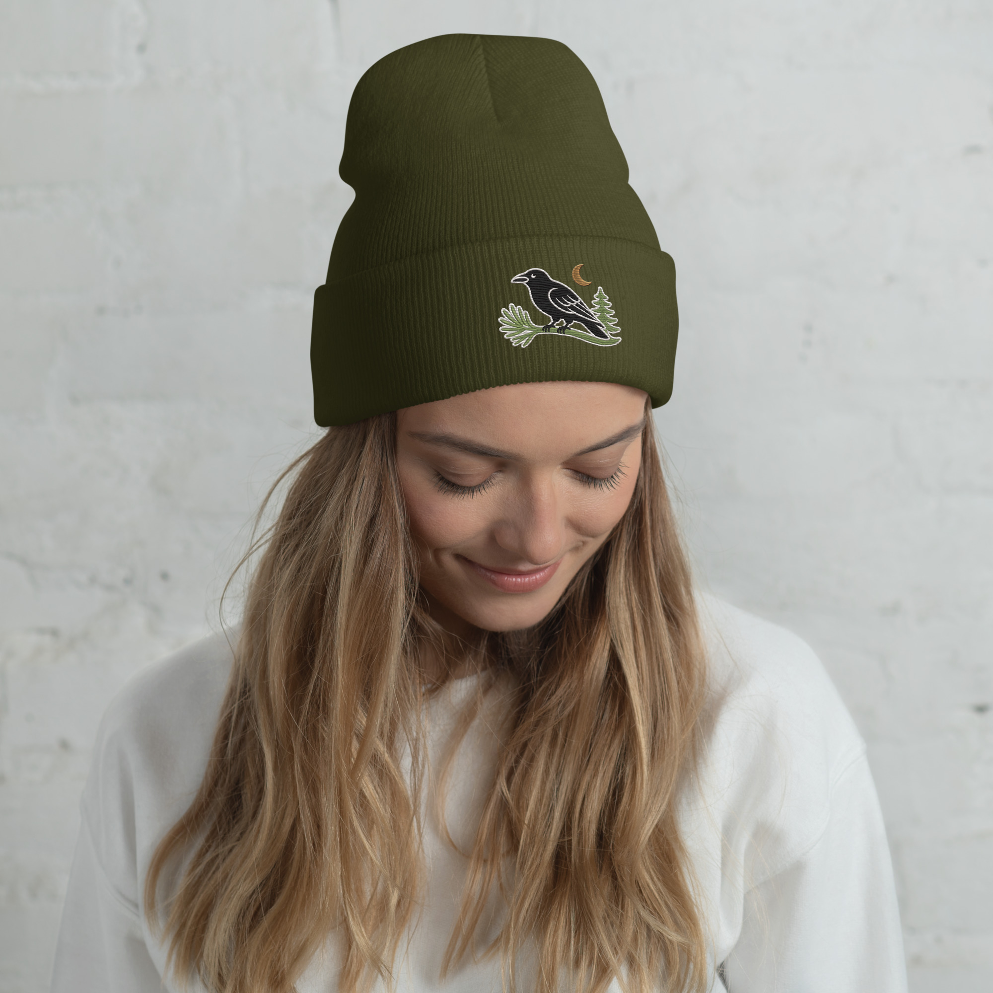 Murder & Moss Embroidered Raven Beanie | PNW Cuffed Beanie - Image 2