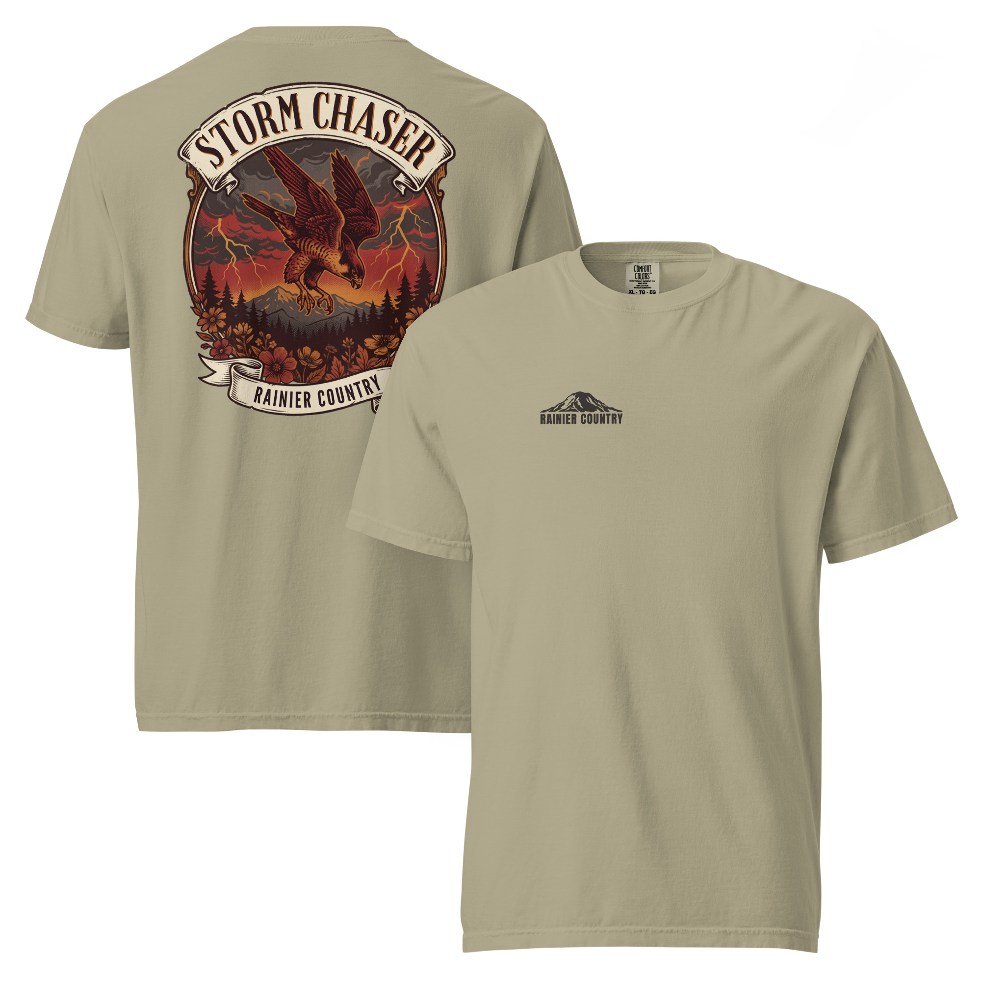 Storm Chaser Rainier Country tee in Khaki — front and back