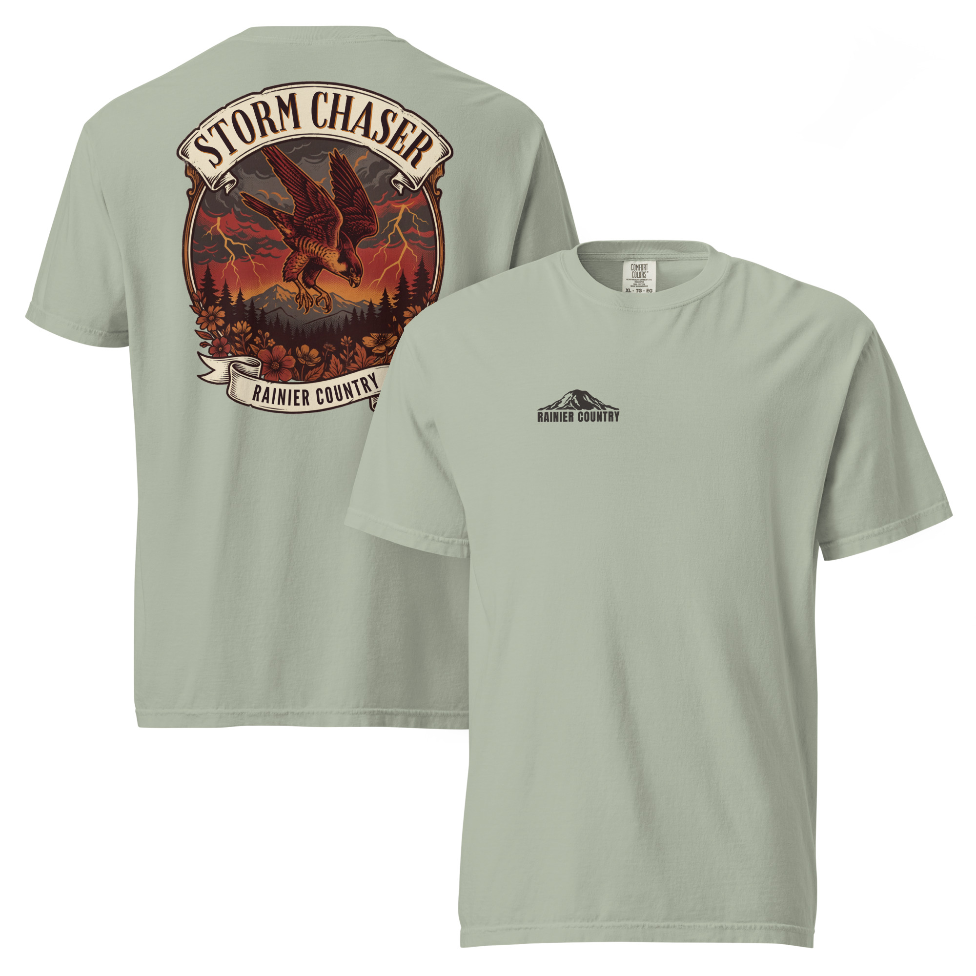 Storm Chaser Rainier Country tee in Bay — front and back