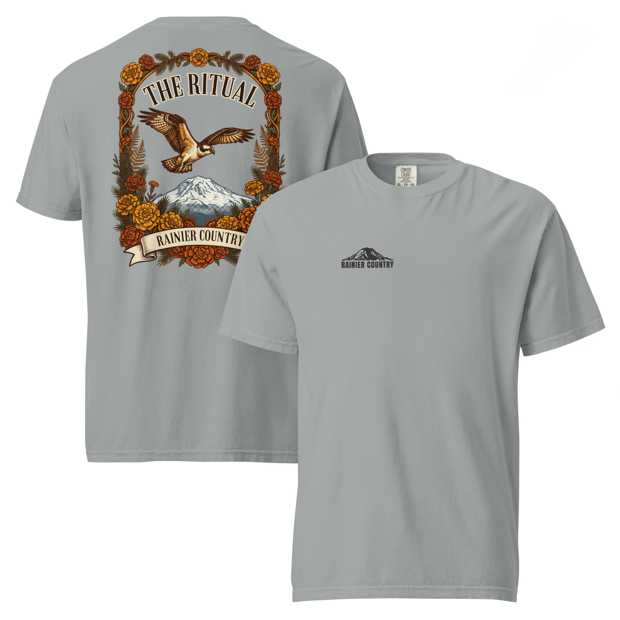 The Ritual Rainier Country tee in Granite — front and back