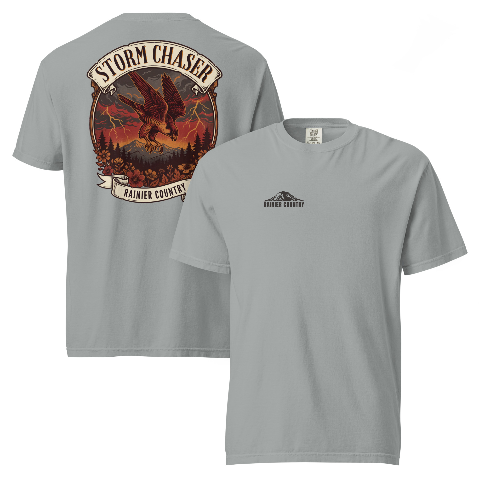 Storm Chaser Rainier Country tee in Granite — front and back