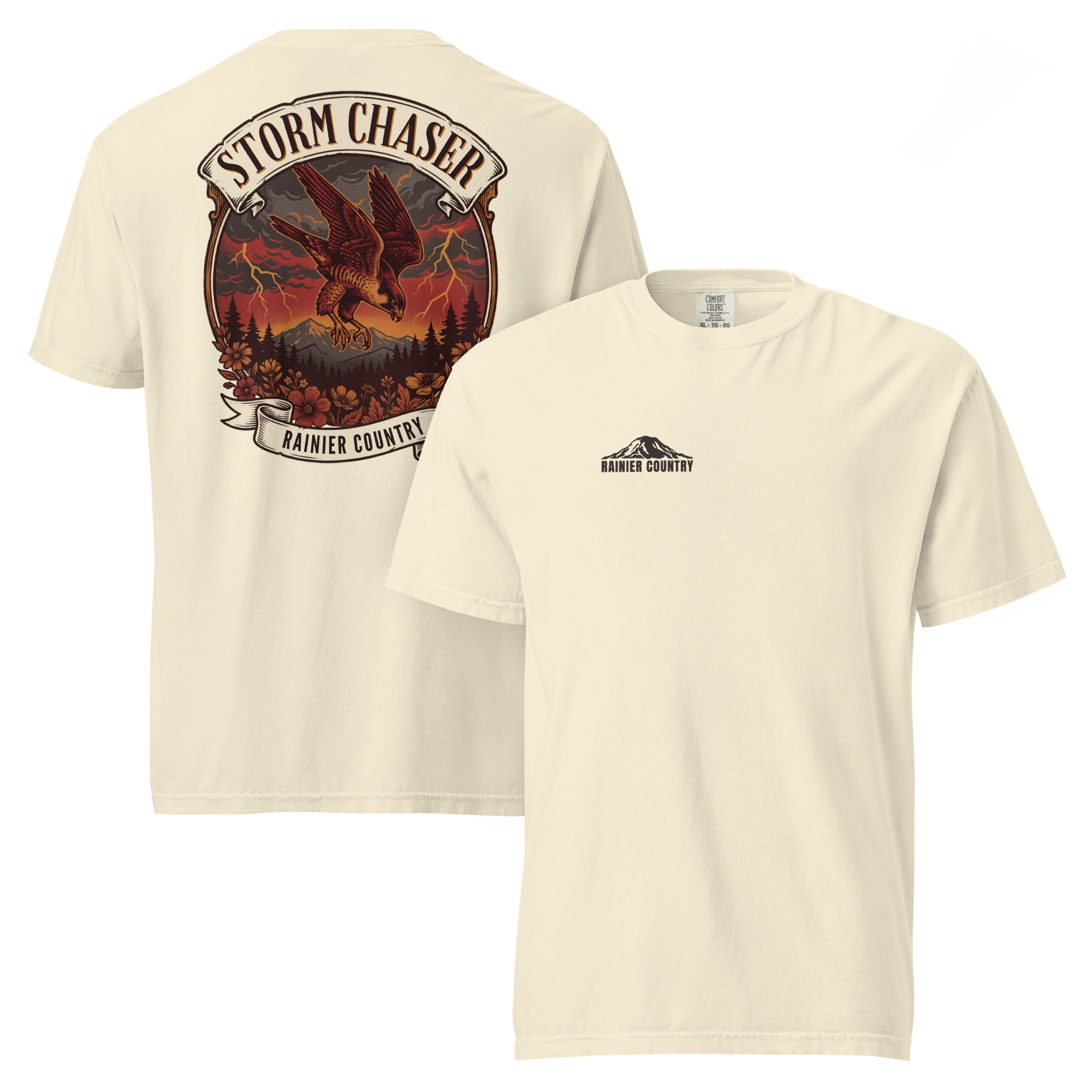 Storm Chaser Rainier Country tee in Ivory — front and back
