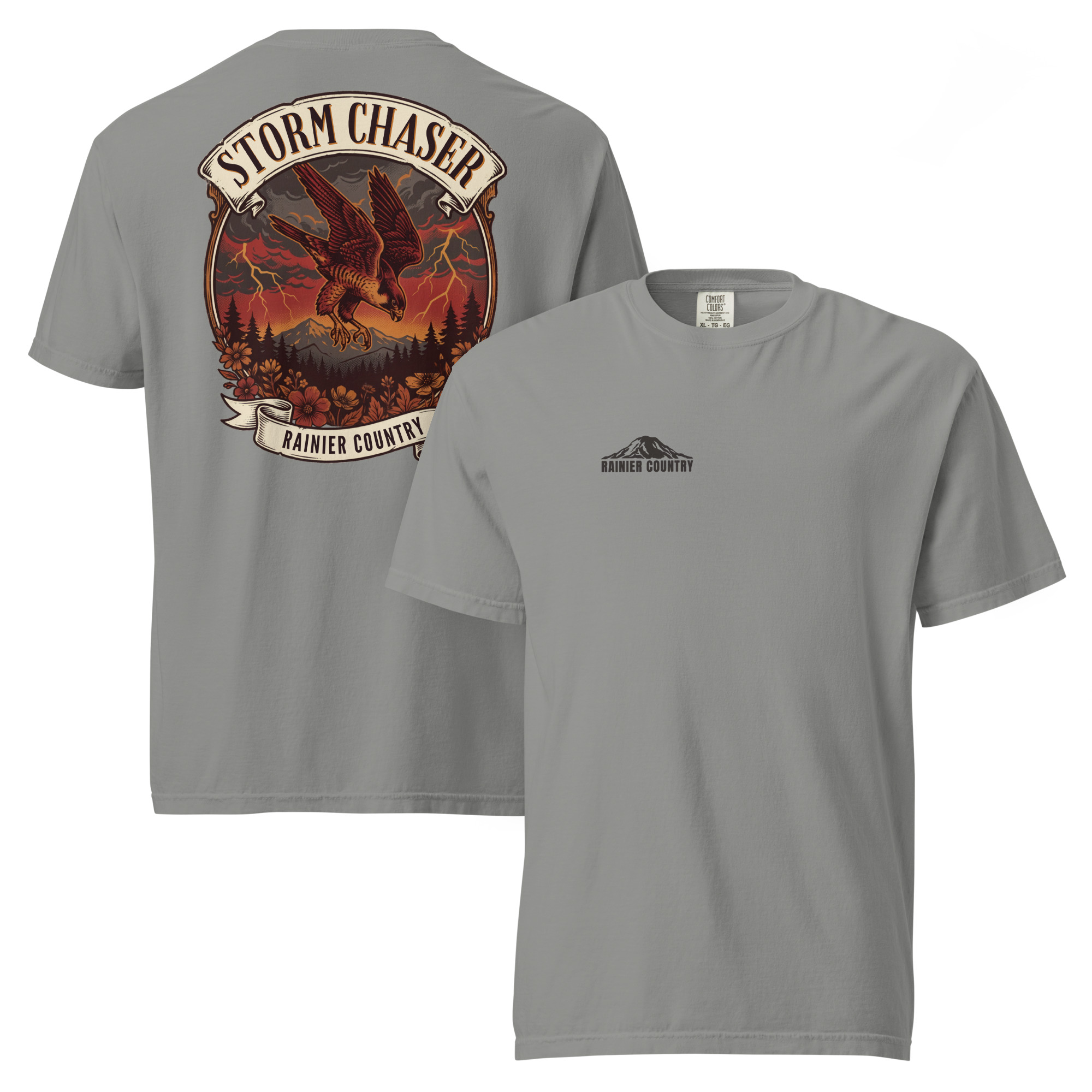 Storm Chaser Rainier Country tee in Grey — front and back