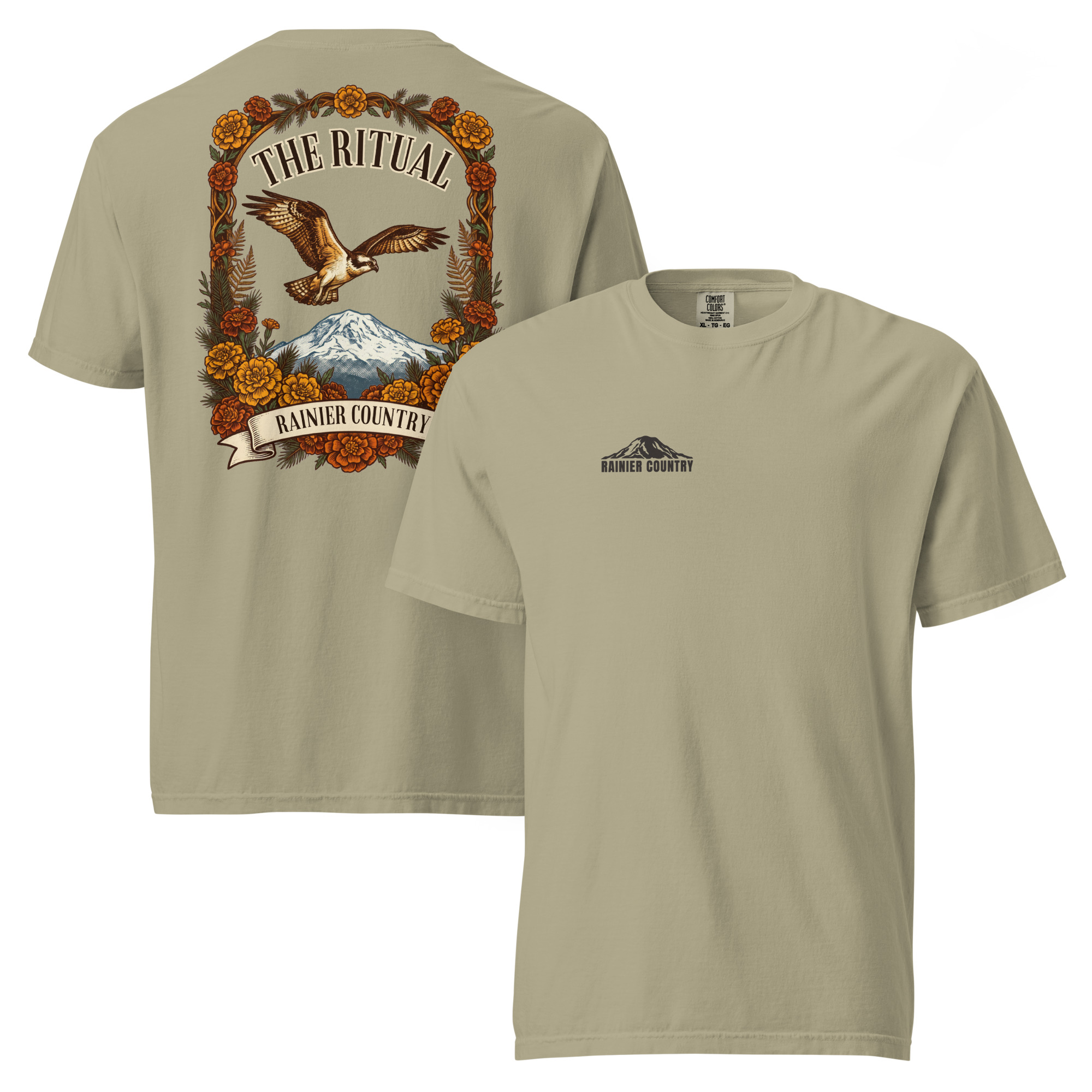 The Ritual Rainier Country tee in Khaki — front and back